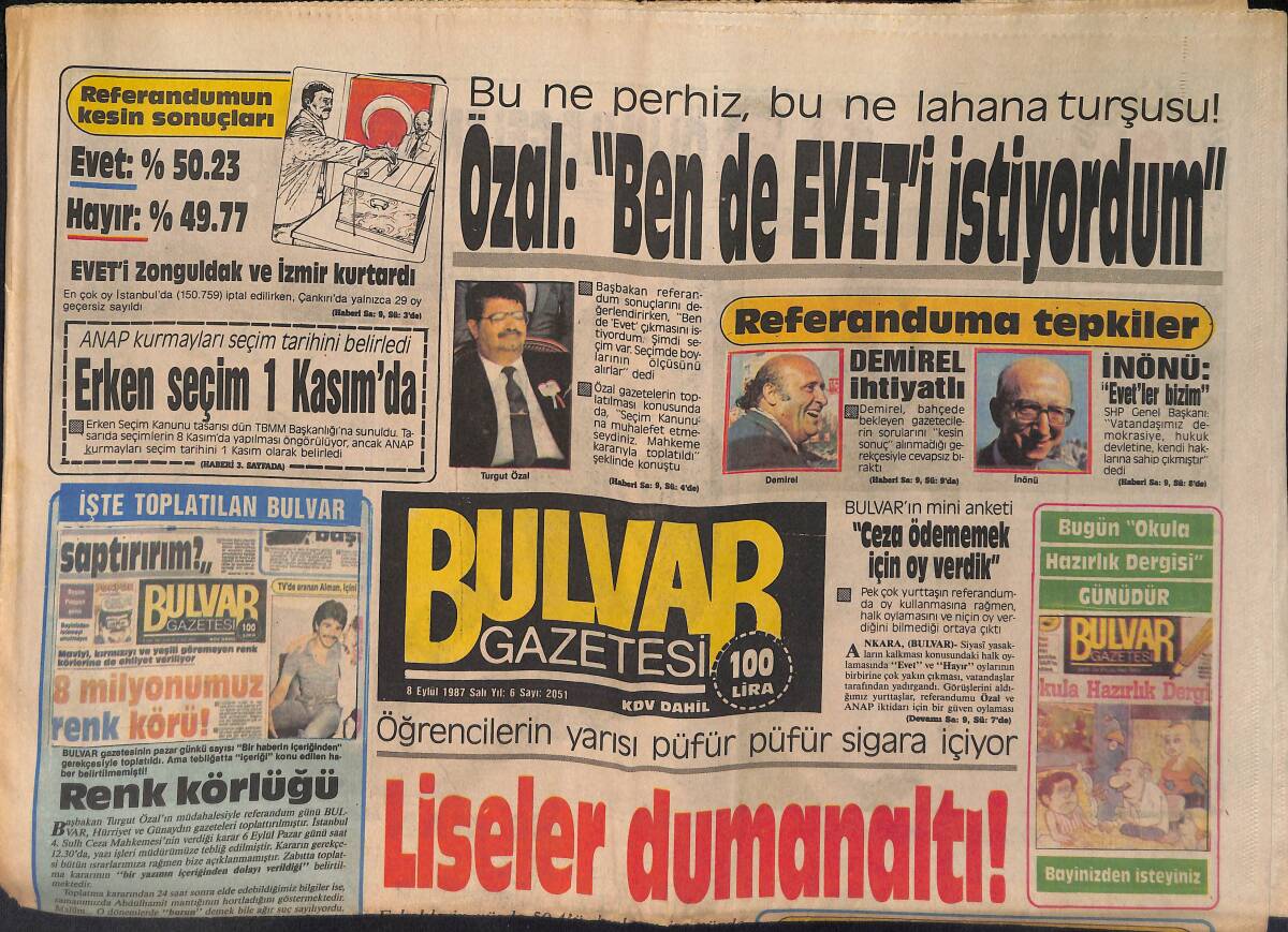 Bulvar Gazetesi 8 Eylül 1987 - Sibel Can : ''Benim Konum Başka Şey'' - Otomobil Zamlandı GZ159211 - 1