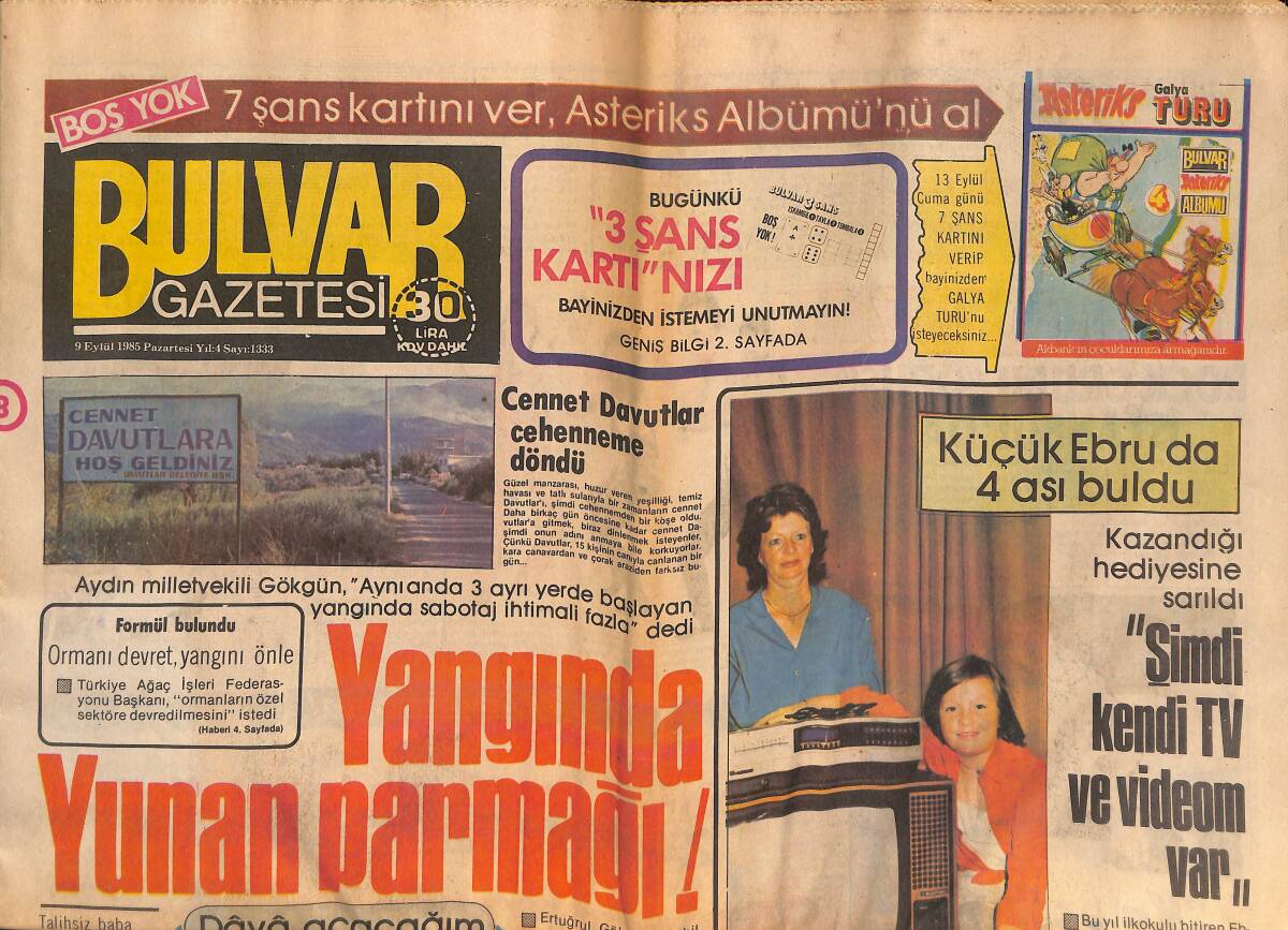 Bulvar Gazetesi 9 Eylül 1985 - Sevim Tuna'ya 60 Kere Maşallah - Güngör Bayrak : Bana Yapılan Anayasa Suçudur GZ134180 - 1