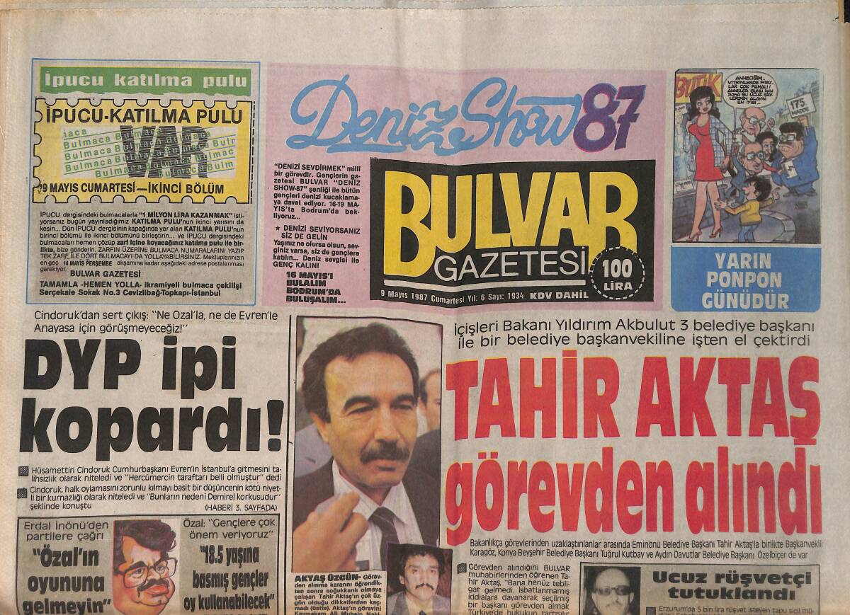 Bulvar Gazetesi 9 Mayıs 1987 - Tahir Aktaş Görevden Alındı - DYP İpi Kopardı ! GZ159260 - 1