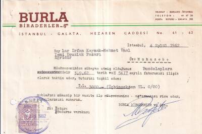 Burla Biraderler ve Şerikesi İstanbul Galata 1962 Islak İmzalı İş Yeri Mektup - 2