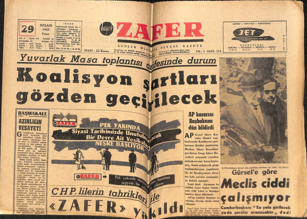 Büyük Zafer Gazetesi 29 Nisan 1962 - Tütün Ekicileri Banka Kurmak İstiyorlar - Marmaris'te Deprem GZ148810 - 1