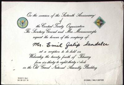 Central Treaty Organization Mrs.Menemencioğlu Emil Galip Sandalcı ya Davetiye EFM(N)11496 - 1