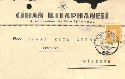 CİHAN KİTAPHANESİ 26 Mayıs 1941 Sipariş Bildiri Kartı Damga Pullu EFM(N)10890 - 1
