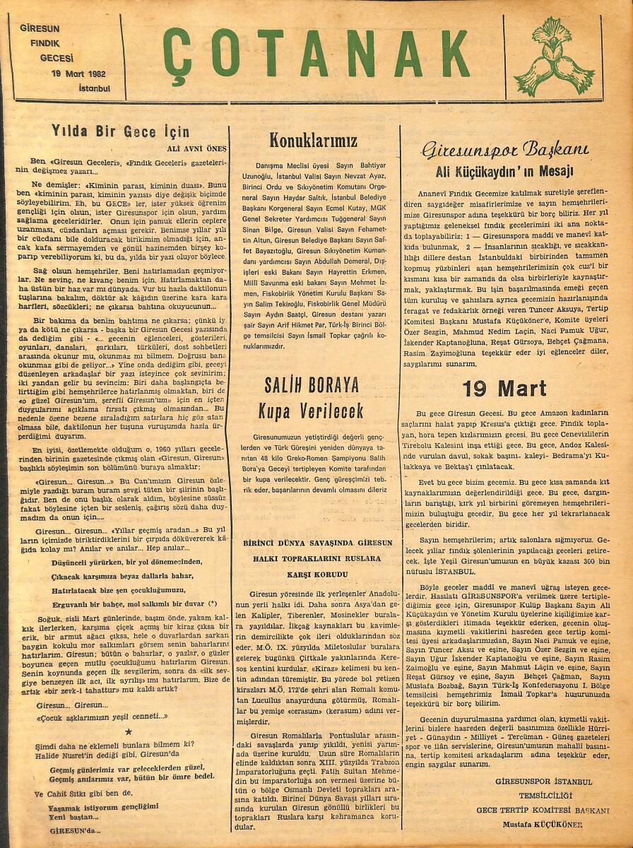 Çotanak Gazetesi 19 Mart 1982 - Salih Bora'ya Kupa Verilecek - Giresunspor Başkanı Ali Küçükaydın'ın Mesajı GZ136721 - 1