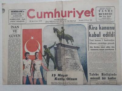 Cumhuriyet Gazete - 19 Mayıs 1955 - Kira Kanunu Kabul Edildi, 19 Mayıs Kutlu Olsun GZ112848 - 1