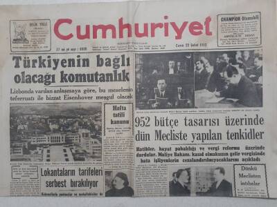 Cumhuriyet Gazete - 22 Şubat 1952 - Türkiyenin Bağlı Olacağı Komutanlık GZ112811 - 1