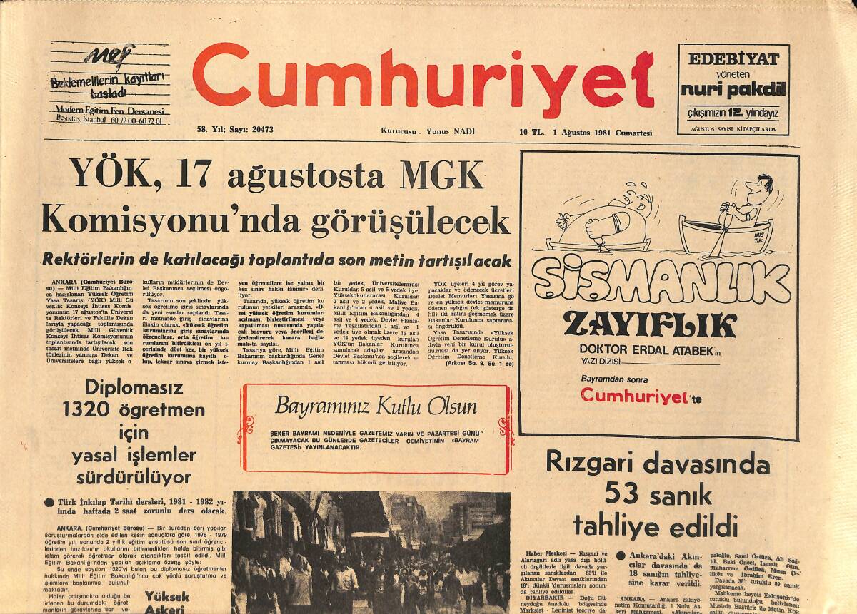 Cumhuriyet Gazetesi 1 Ağustos 1981 - Rızgari Davasında 53 Sanık Tahliye Edildi - TKP/ML Militanı 11 Kişi Yakalandı GZ155343 - 1