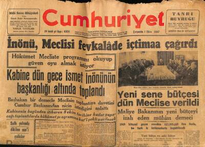Cumhuriyet Gazetesi 1 Ekim 1947 - İnönü , Meclisi Fevkalade İçtimaa Çağırdı GZ69585 - 2
