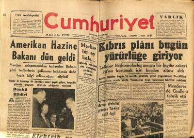 Cumhuriyet Gazetesi 1 Ekim 1958 - Kıbrıs Planı Bugün Yürürlüğe Giriyor GZ78007 - 1