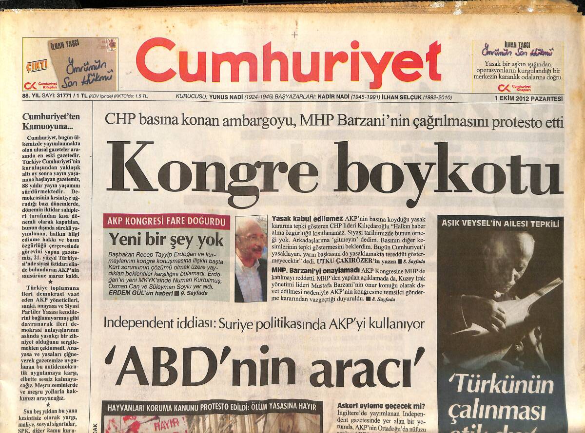 Cumhuriyet Gazetesi 1 Ekim 2012 - Kongre Boykotu - Potada Zafer Beşiktaş'ın GZ136635 - 1
