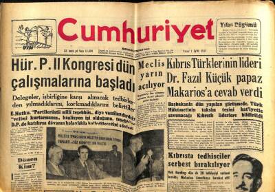 Cumhuriyet Gazetesi 1 Eylül 1957 - Kıbrısta Tedhişçiler Serbest Bırakılıyor GZ59330 - 1