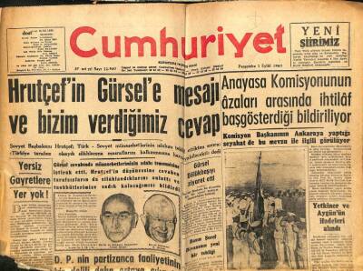 Cumhuriyet Gazetesi 1 Eylül 1960 - Hrutçefin Gürsele Mesajı GZ103217 - 2