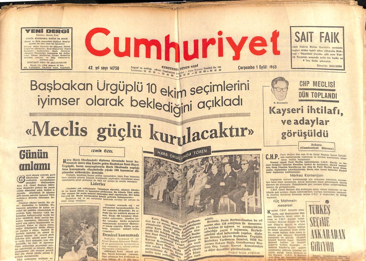 Cumhuriyet Gazetesi 1 Eylül 1965 - Fenerbahçe-Galatasaray - Türkeş Seçime Ankara'dan Giriyor - Vietnam'daki Amerikalılar İçin Yeni Bir Para Basılıyor GZ139769 - 1