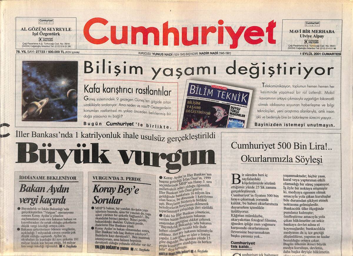 Cumhuriyet Gazetesi 1 Eylül 2001 - İller Bankası'nda 1 Trilyonluk İhale Usulsüz Gerçekleştirildi - 12 Dev Adamdan İlk Adım GZ151670 - 1