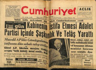 Cumhuriyet Gazetesi 1 Haziran 1962 - Kabinenin İstifa Etmesi Adalet Partisi İçinde Şaşkınlık Ve Telaş Yarattı GZ58968 - 1