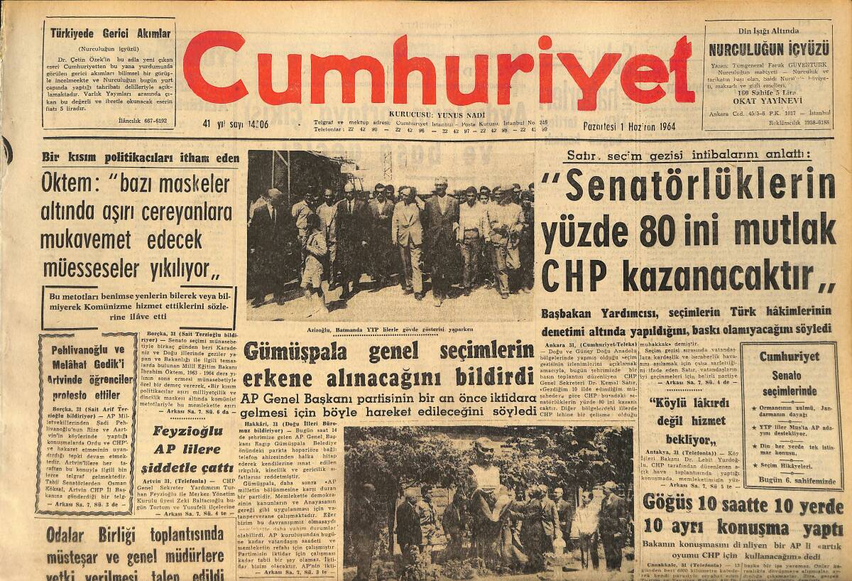 Cumhuriyet Gazetesi 1 Haziran 1964 - Fenerbahçe Şampiyon ! - Kıbrısta İngiliz Aleyhtarı Gösteriler Gitgide Artıyor GZ160359 - 1