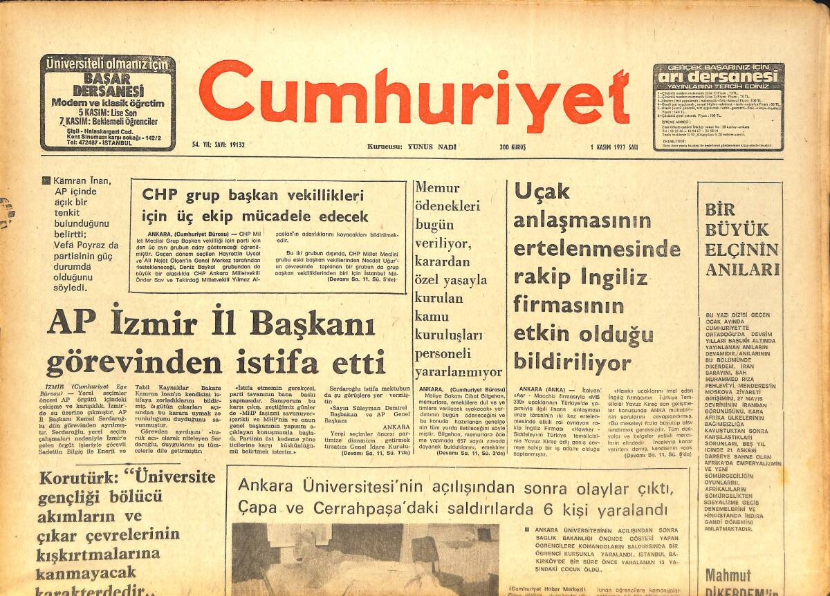 Cumhuriyet Gazetesi 1 Kasım 1977 - AP İzmir İl Başkanı Görevinden İstifa Etti - Belçika'da Akıl Hastaları Serbest Dolaşıyor! GZ143158 - 1