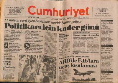 Cumhuriyet Gazetesi 1 Kasım 1987 - ABDde F-16lara Uçuş Kısıtlaması GZ74692 - 1