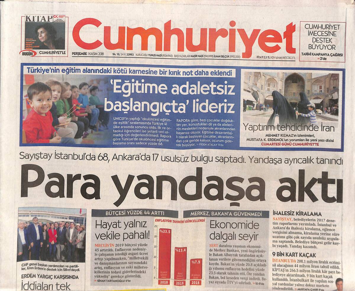 Cumhuriyet Gazetesi 1 Kasım 2018 - Para Yandaşa Aktı - Hak Nöbeti Başlıyor - Melih Gökçek'in Hedefi 'Ortak Aday' Olmak GZ135373 - 1