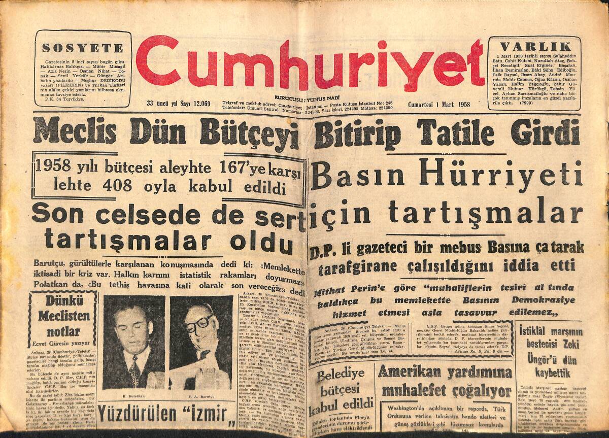 Cumhuriyet Gazetesi 1 Mart 1958 - Amerikan Yardımına Muhalefet Çoğalıyor - İstiklal Marşının Bestecisi Zeki Üngör'ü Kaybettik GZ139132 - 1