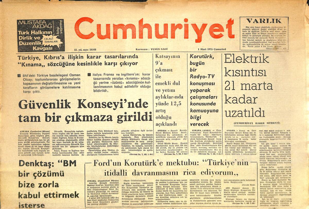 Cumhuriyet Gazetesi 1 Mart 1975 - Ankara Belediyesi'nin Borcu 1 Milyarı Aştı - Elektrik Kısıntısı 21 Mart'a Kadar Uzatıldı GZ143698 - 1