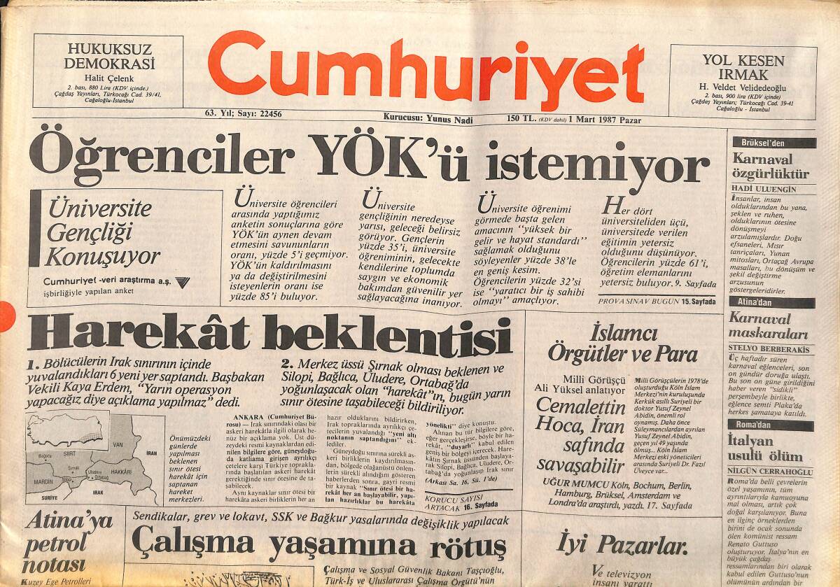 Cumhuriyet Gazetesi 1 Mart 1987 - Öğrenciler YÖK'Ü İstemiyor - İslamcı Örgütler Ve Para - İbrahim Abdullah'a Müebbet! GZ139902 - 1