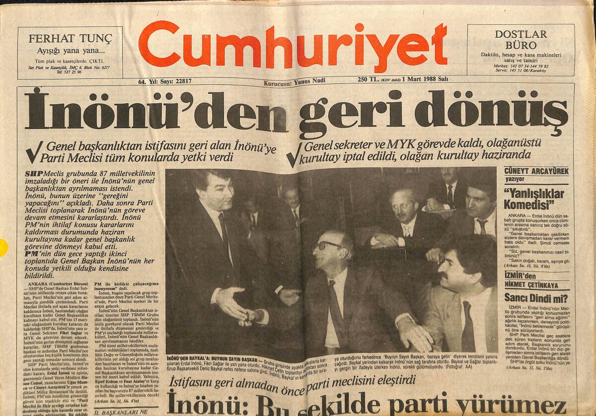 Cumhuriyet Gazetesi 1 Mart 1988 - Üruğ , Özal'dan Raporcunun Adını İstedi - İnönü'den Geri Dönüş GZ151886 - 1
