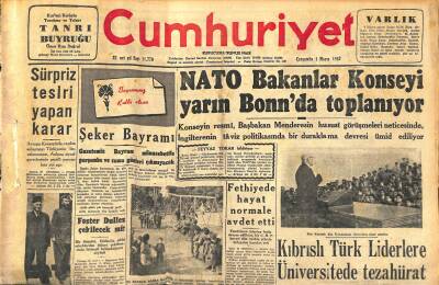Cumhuriyet Gazetesi 1 Mayıs 1957 - Fenerbahçe İstanbul Lig Şampiyonu Oldu - NATO Bakanlar Konseyi Yarın Bonnda Toplanıyor GZ119870 - 1