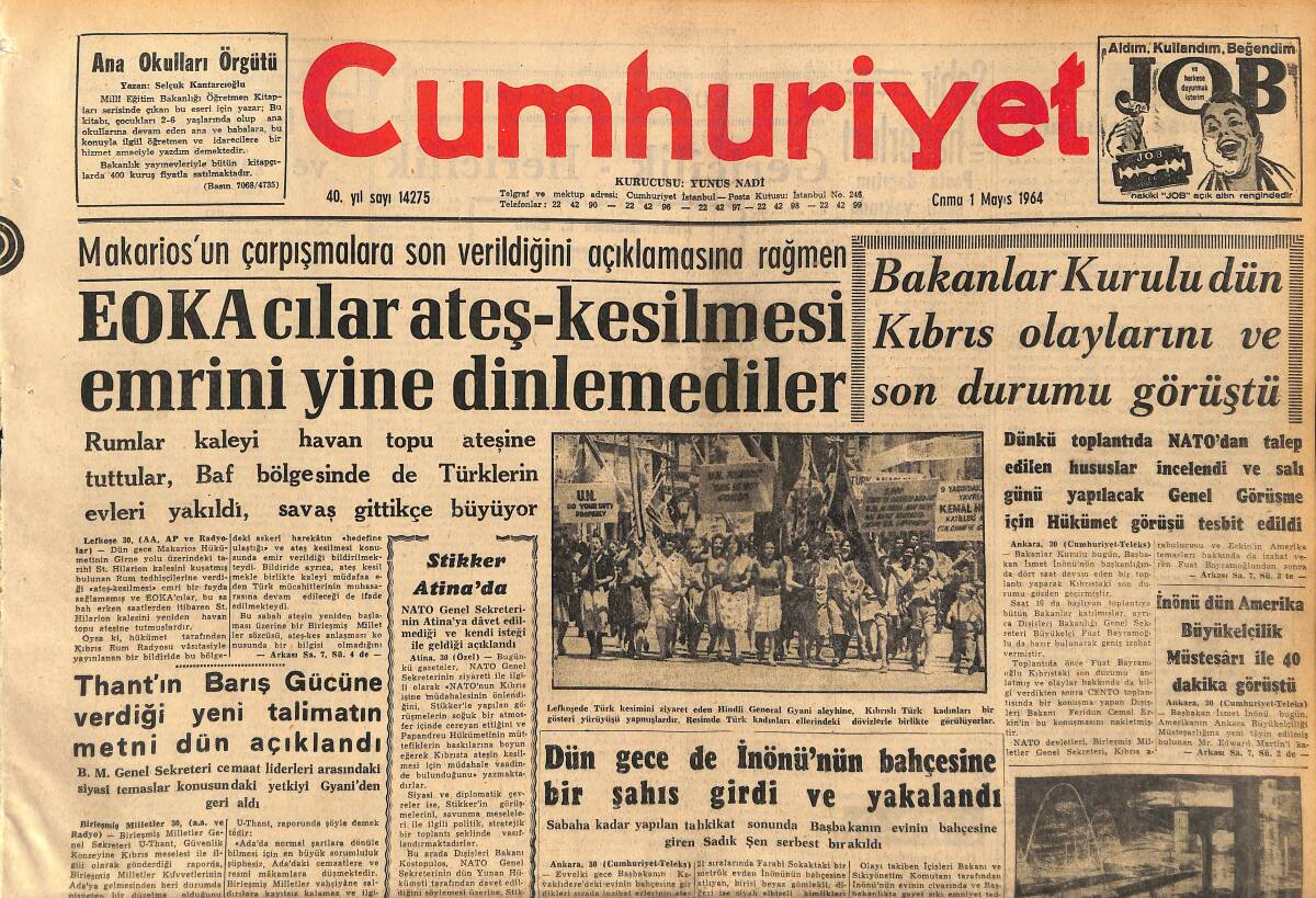 Cumhuriyet Gazetesi 1 Mayıs 1964 - Beşiktaş'ta Özcan Fenerbahçe'de Şenol Oynamıyor - Stikker Atina'da GZ160392 - 1