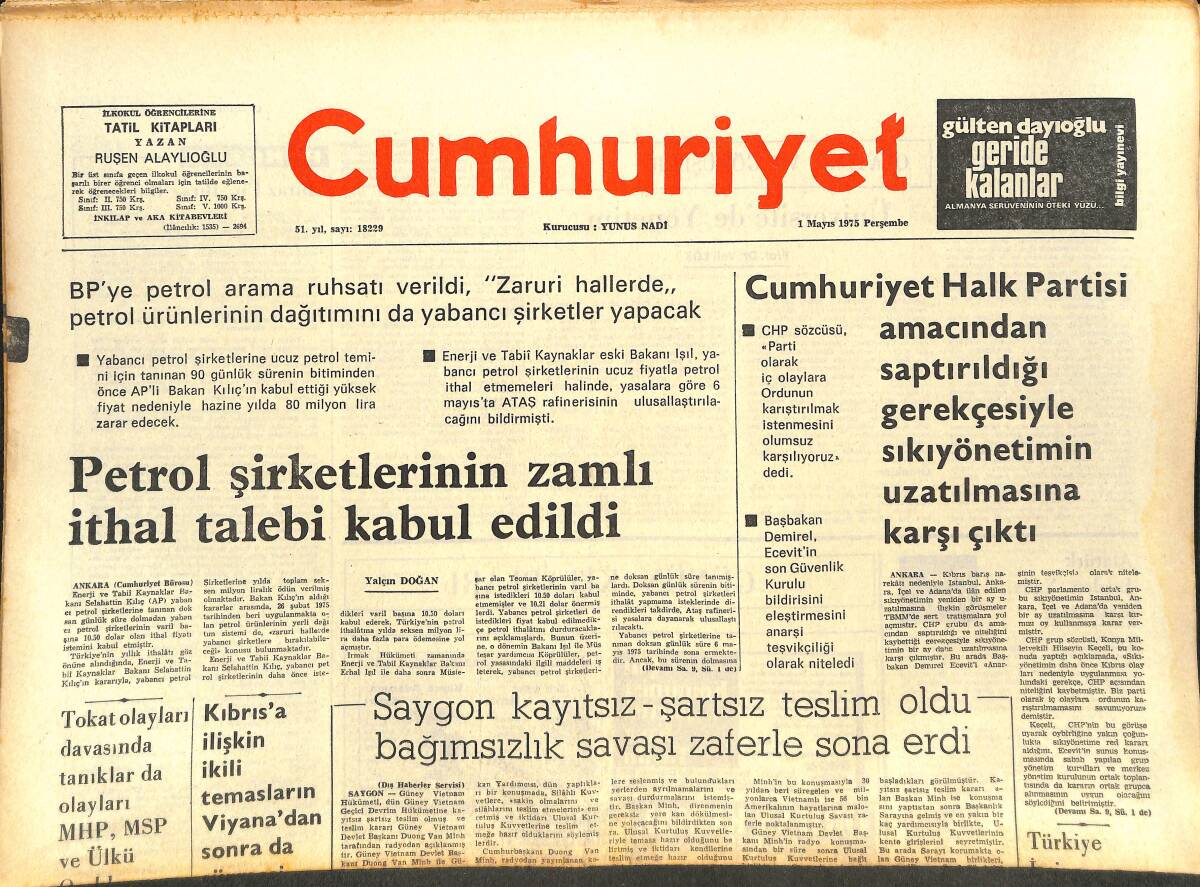 Cumhuriyet Gazetesi 1 Mayıs 1975 - Yılmaz Güney'in Duruşmasına Devam Edildi - Vietnam'daki Amerikan Varlığının Son Saatleri GZ143626 - 1