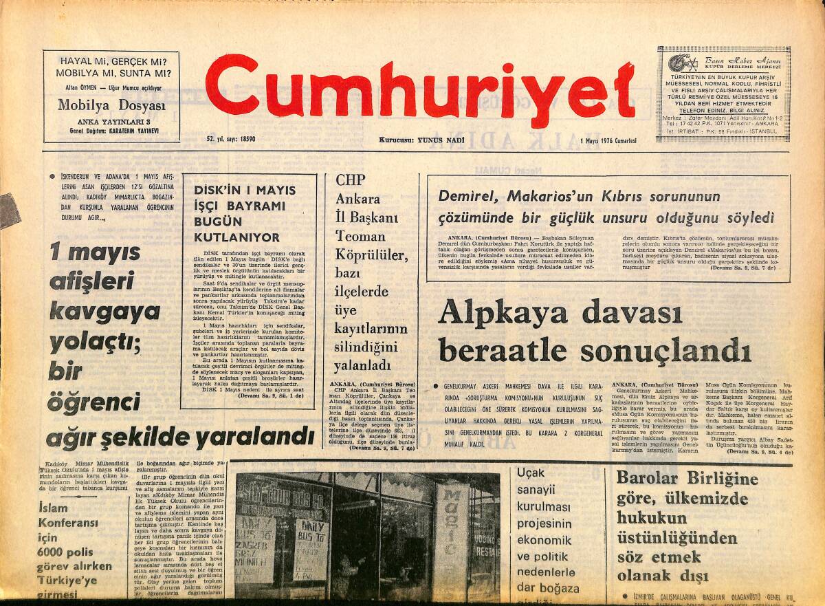 Cumhuriyet Gazetesi 1 Mayıs 1976 - Alpkaya Davası Beraatle Sonuçlandı - Sultanahmet'te Elle Çamaşır Yıkama Fabrikaları Bile Var GZ161087 - 1