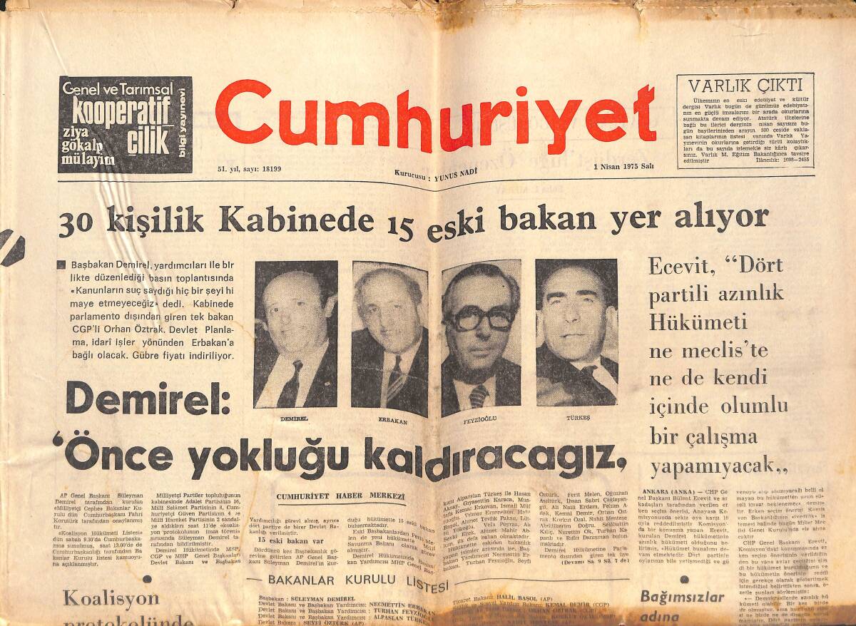 Cumhuriyet Gazetesi 1 Nisan 1975 - Süleyman Demirel: Önce Yokluğu Kaldıracağız! - Bakanlar Kurulu İlk Toplantısını Yaptı! GZ139925 - 1