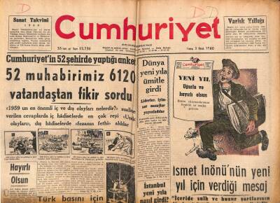 Cumhuriyet Gazetesi 1 Ocak 1960 - İsmet İnönünün Yeni Yıl İçin Verdiği Mesaj - Dış Borçların Üçüncü Taksiti Transfer Edildi GZ98098 - 1