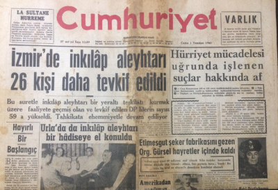 Cumhuriyet Gazetesi 1 Temmuz 1960 - İzmirde İnkılap Aleyhtarı 26 Kişi Daha Tevkif Edildi - GZ12583 - 1