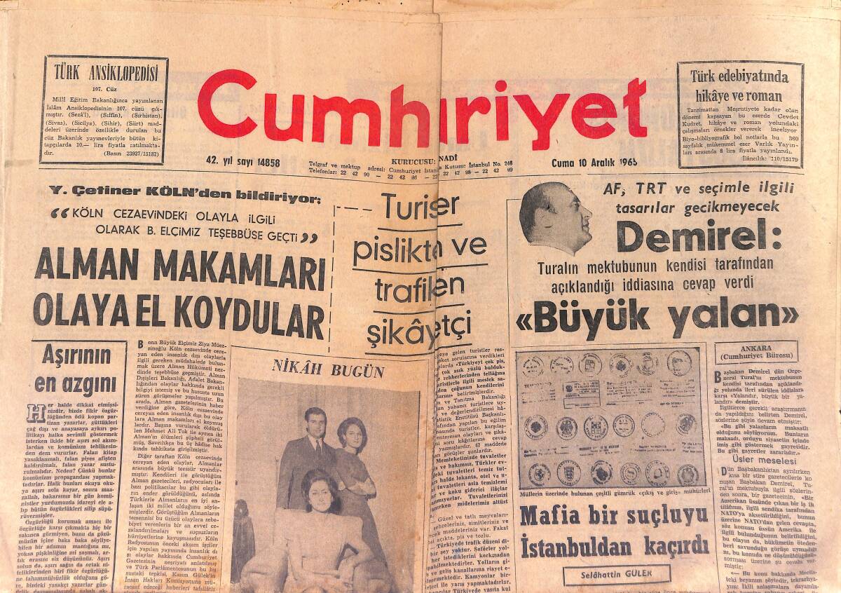 Cumhuriyet Gazetesi 10 Aralık 1965 - Rusya Uzaya Nükleer Silahlarla Donanmış Araçlar Göndermediğini Açıkladı GZ153408 - 1