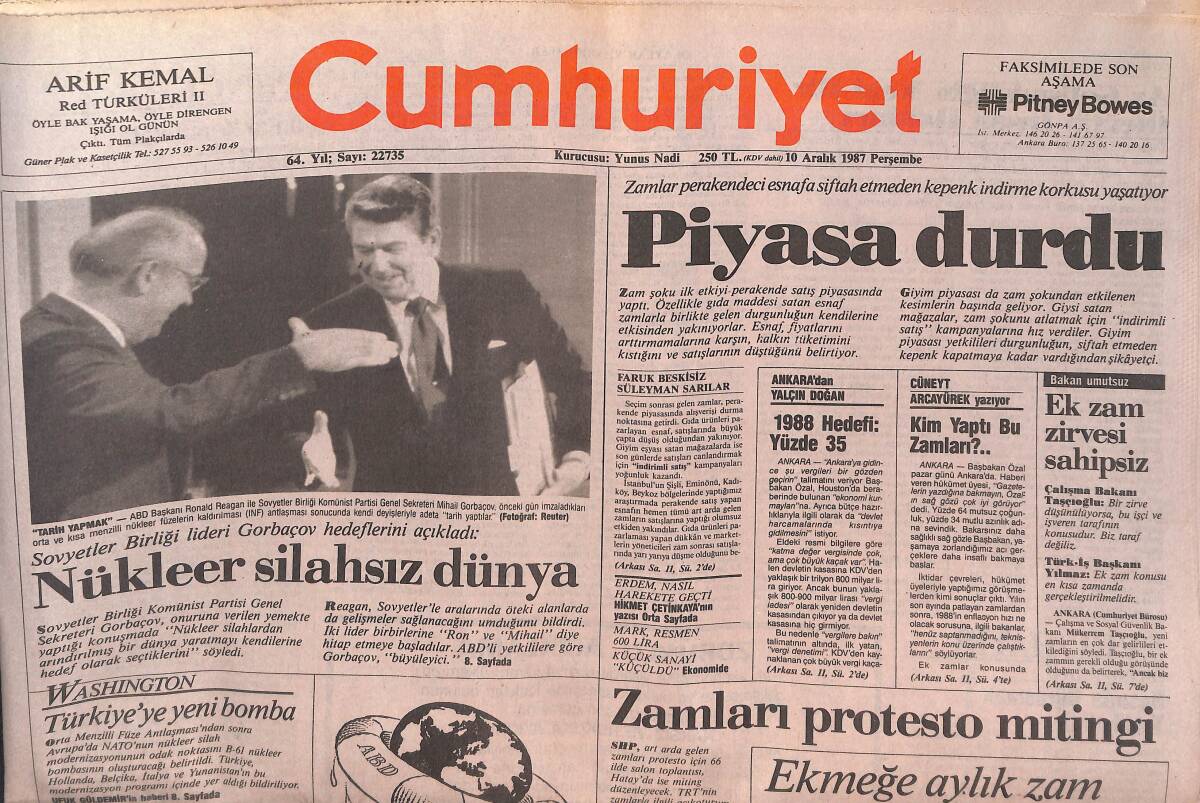 Cumhuriyet Gazetesi 10 Aralık 1987 - THY'YE Uçak Satma Yarışı - Piyasa Durdu - Nükleer Silahsız Dünya GZ139969 - 1
