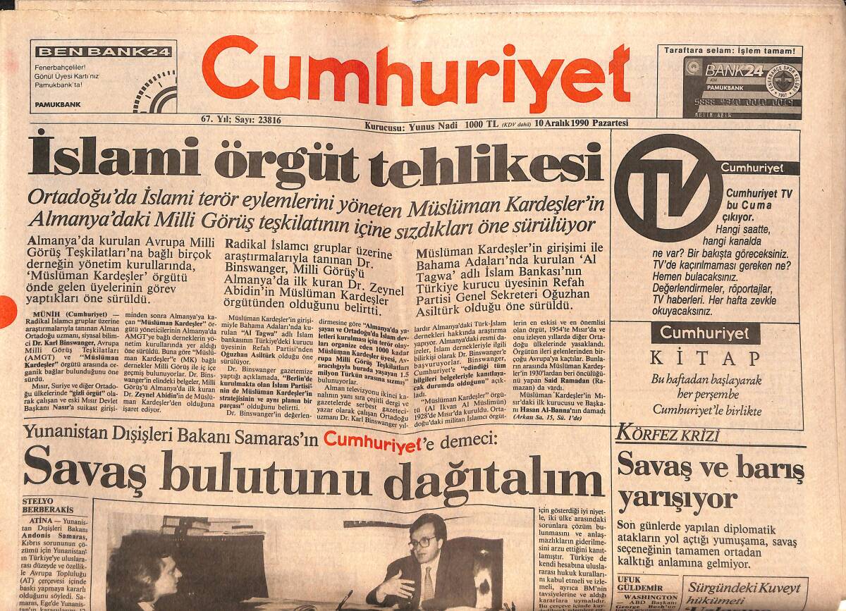 Cumhuriyet Gazetesi 10 Aralık 1990 - İslami Örgüt Tehlikesi - Litvanya Devlet Başkanı Uyardı : Silahla Direnebiliriz GZ149421 - 1