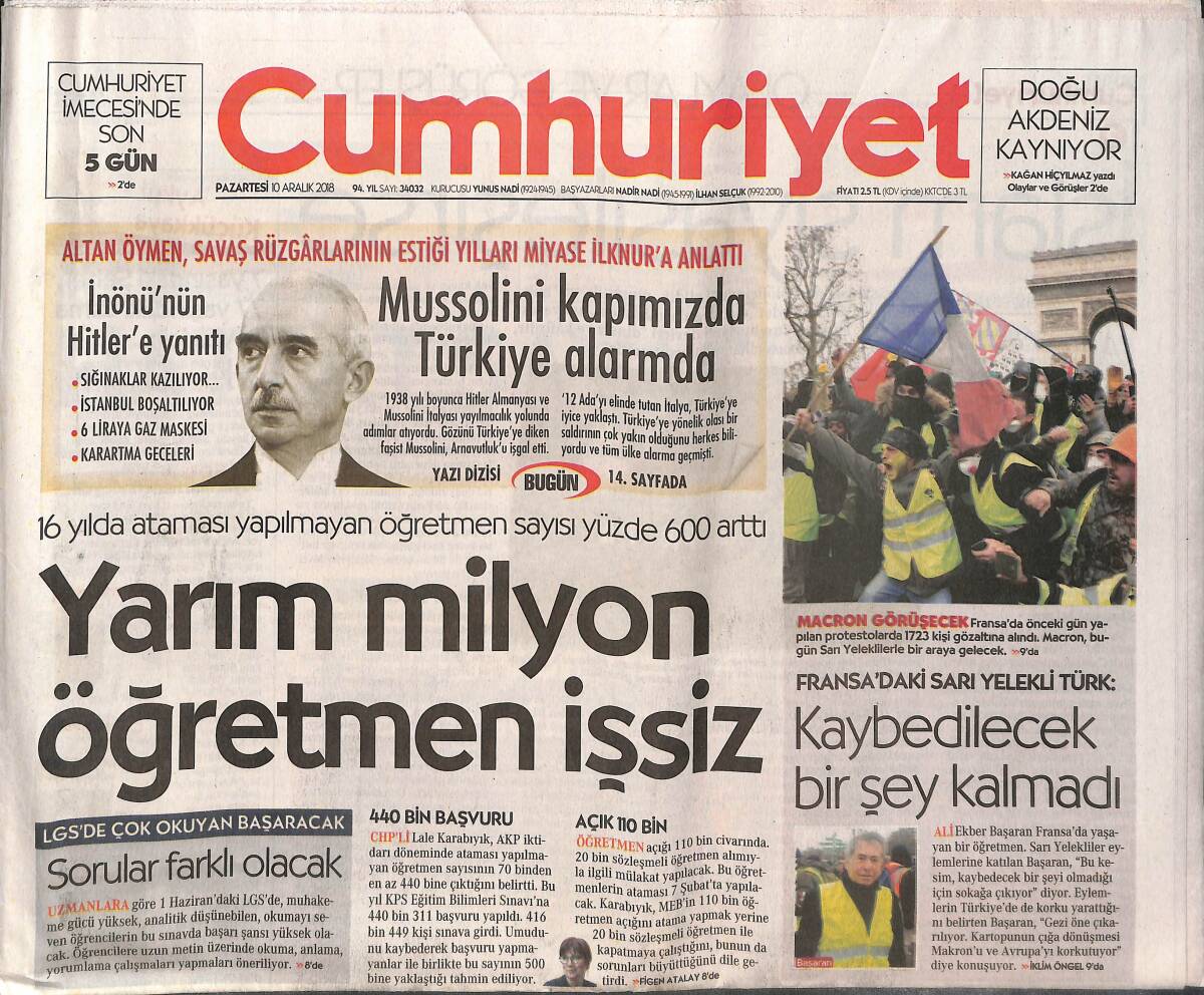 Cumhuriyet Gazetesi 10 Aralık 2018 - Yarım Milyon Öğretmen İşsiz - 'Hattat' Kapışması - Ergenekon Teklifi GZ135363 - 1