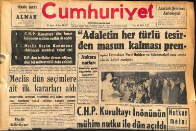 Cumhuriyet Gazetesi 10 Eylül 1957 - C.H.P. Kurultayı İnönünün Mühim Nutku İle Dün Açıldı GZ119677 - 1