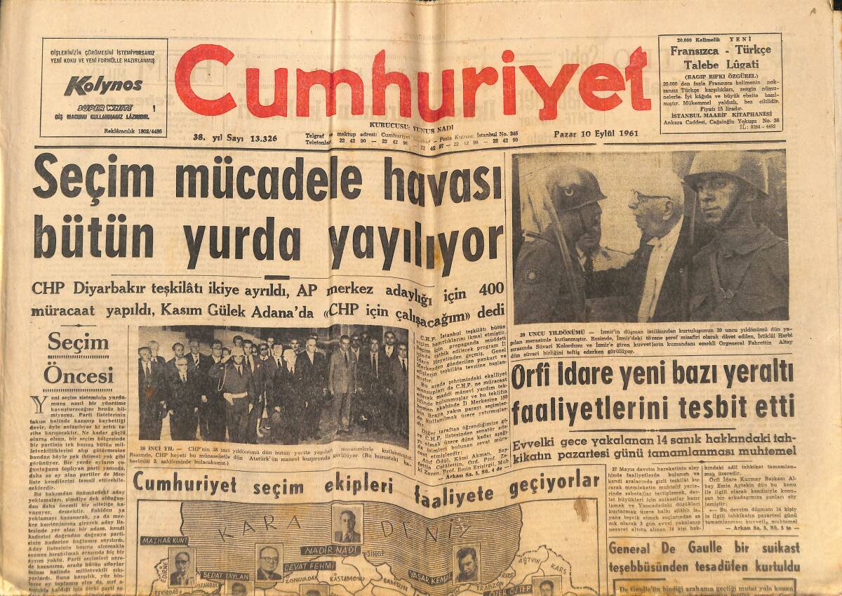 Cumhuriyet Gazetesi 10 Eylül 1961 - Cumhuriyet Seçim Ekipleri Faaliyete Geçiyor - Seçim Mücadele Havası Bütün Yurda Yayılıyor! GZ139977 - 1