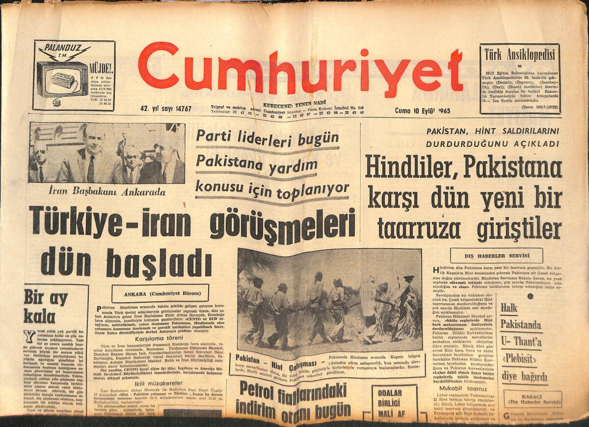 Cumhuriyet Gazetesi 10 Eylül 1965 - Türkiye - İran Görüşmeleri Dün Başladı - Türkiye'de Devletçilik Ve Karma Ekonomi GZ139957 - 1