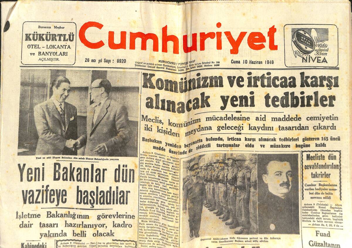 Cumhuriyet Gazetesi 10 Haziran 1949 - Pakistan Meclis Reisi Şehrimizde - Komünizm Ve İrticaa Karşı Alınacak Yeni Tedbirler GZ142339 - 1
