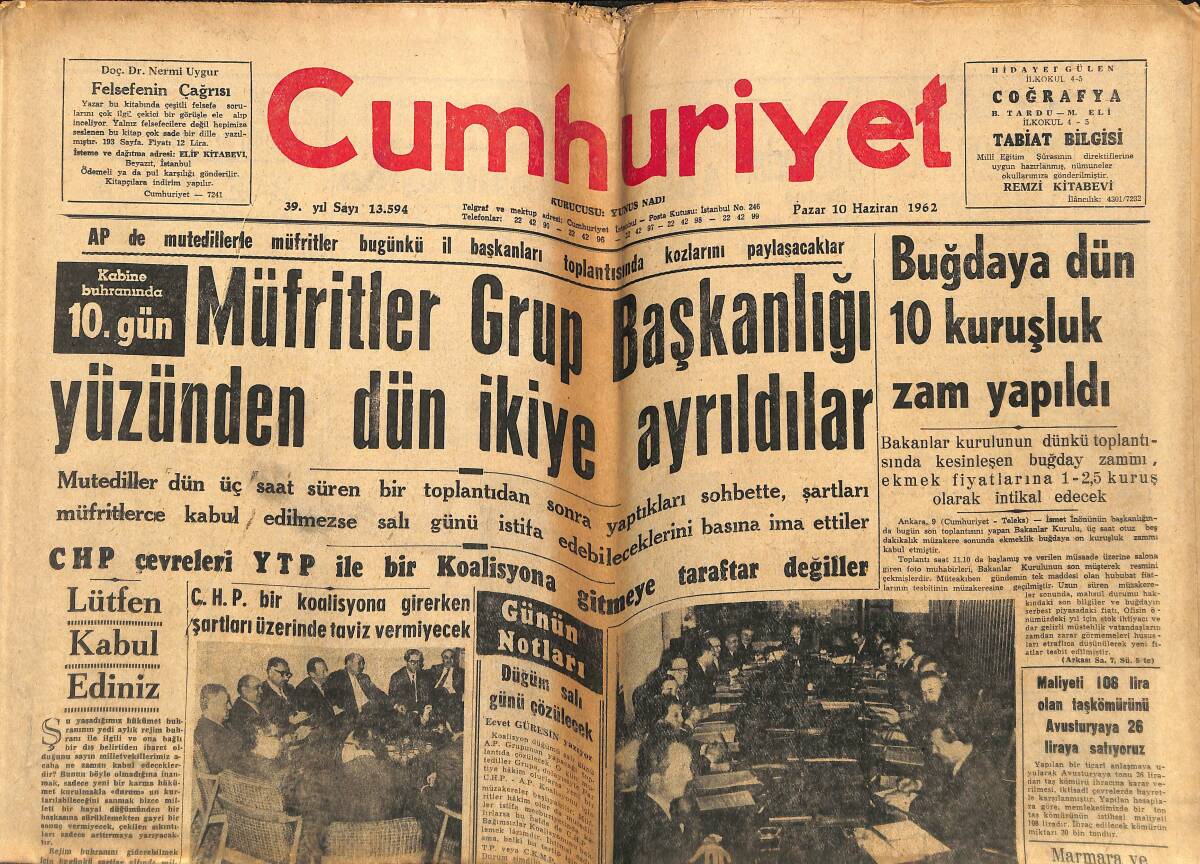 Cumhuriyet Gazetesi 10 Haziran 1962 - Acilen Meclise Sevk Edilen Toprak Reformu Kanunu Başbakanlığa Verildi GZ143105 - 1