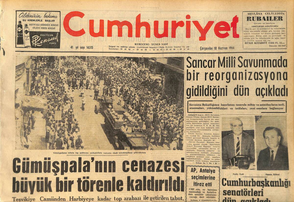 Cumhuriyet Gazetesi 10 Haziran 1964 - Gümüşpala'nın Cenazesi Büyük Bir Törenle Kaldırıldı GZ160368 - 1