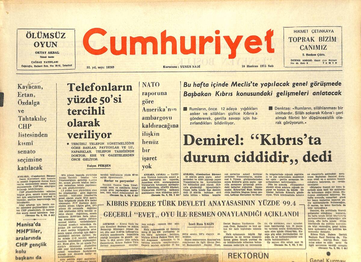 Cumhuriyet Gazetesi 10 Haziran 1975 - Demokrasiyle Atina'ya Dönen Lady Fleming Özel Demeç Verdi - Galatasaray'da Beyazıt Tek Başkan Adayı GZ143630 - 1