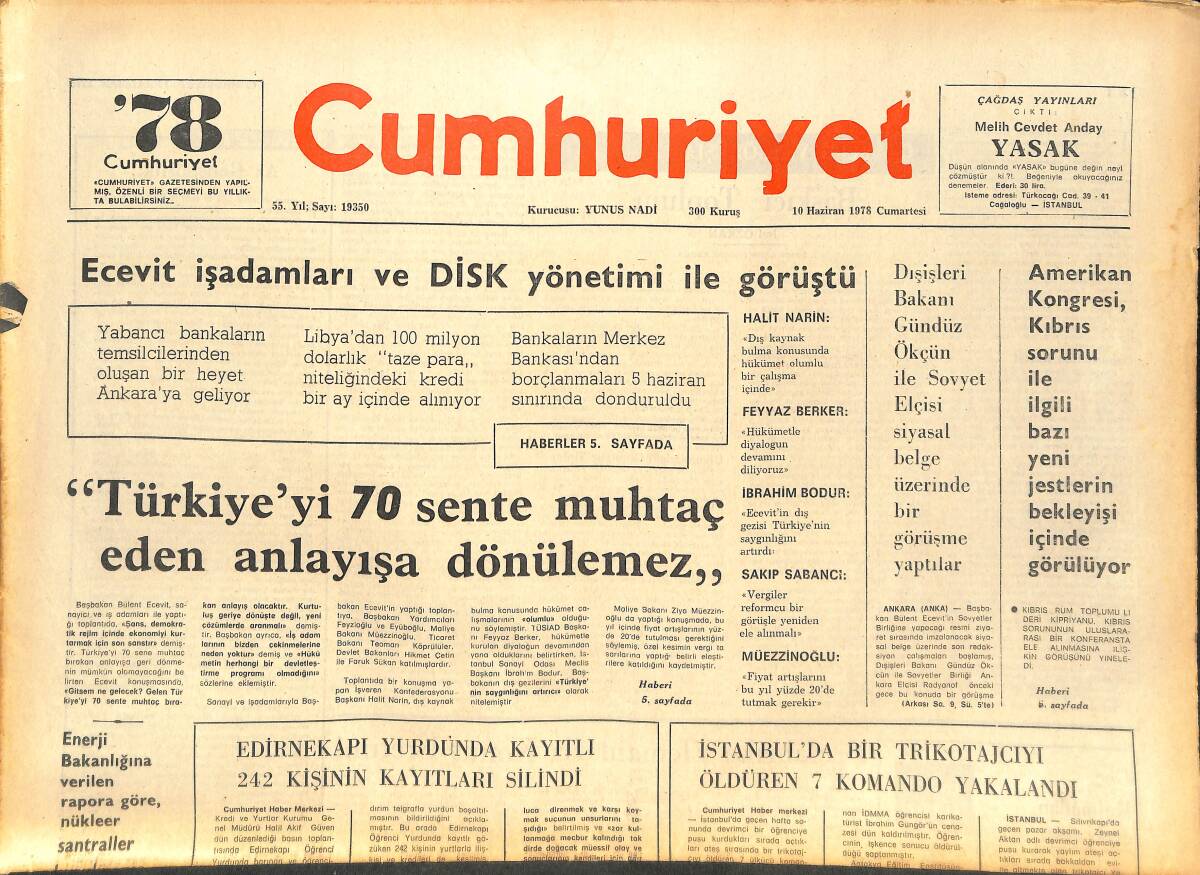 Cumhuriyet Gazetesi 10 Haziran 1978 - Coutinho Ölüm Mesajları Alıyor - ABD-Sovyet Söz Düellosuna Katılanlar Çoğalıyor GZ142766 - 1