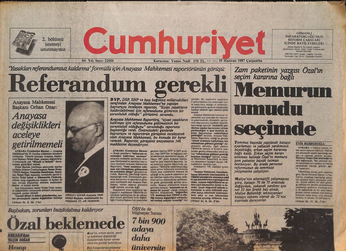 Cumhuriyet Gazetesi 10 Haziran 1987 - Dalan Yasası Belediyeleri Sevindirdi - Demir Leydi Yine İddialı GZ133107 - 1