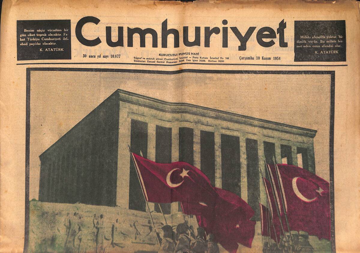 Cumhuriyet Gazetesi 10 Kasım 1954 - Atatürk'ün 16. Ölüm Yıldönümündeyiz - Amerikan Büyük Elçisinin Atatürk'e Dair Konuşması GZ134670 - 1