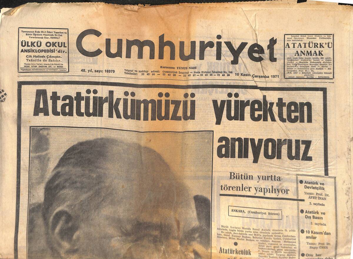 Cumhuriyet Gazetesi 10 Kasım 1971 - Atatürk'ümüzü Yürekten Anıyoruz GZ133970 - 1