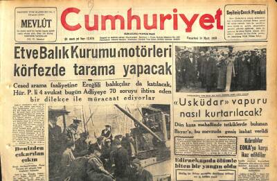Cumhuriyet Gazetesi 10 Mart 1958 - Et Ve Balık Kurumu Motörleri Körfezde Tarama Yapacak - Üsküdar Vapuru Nasıl Kurtarılacak ? GZ120441 - 1